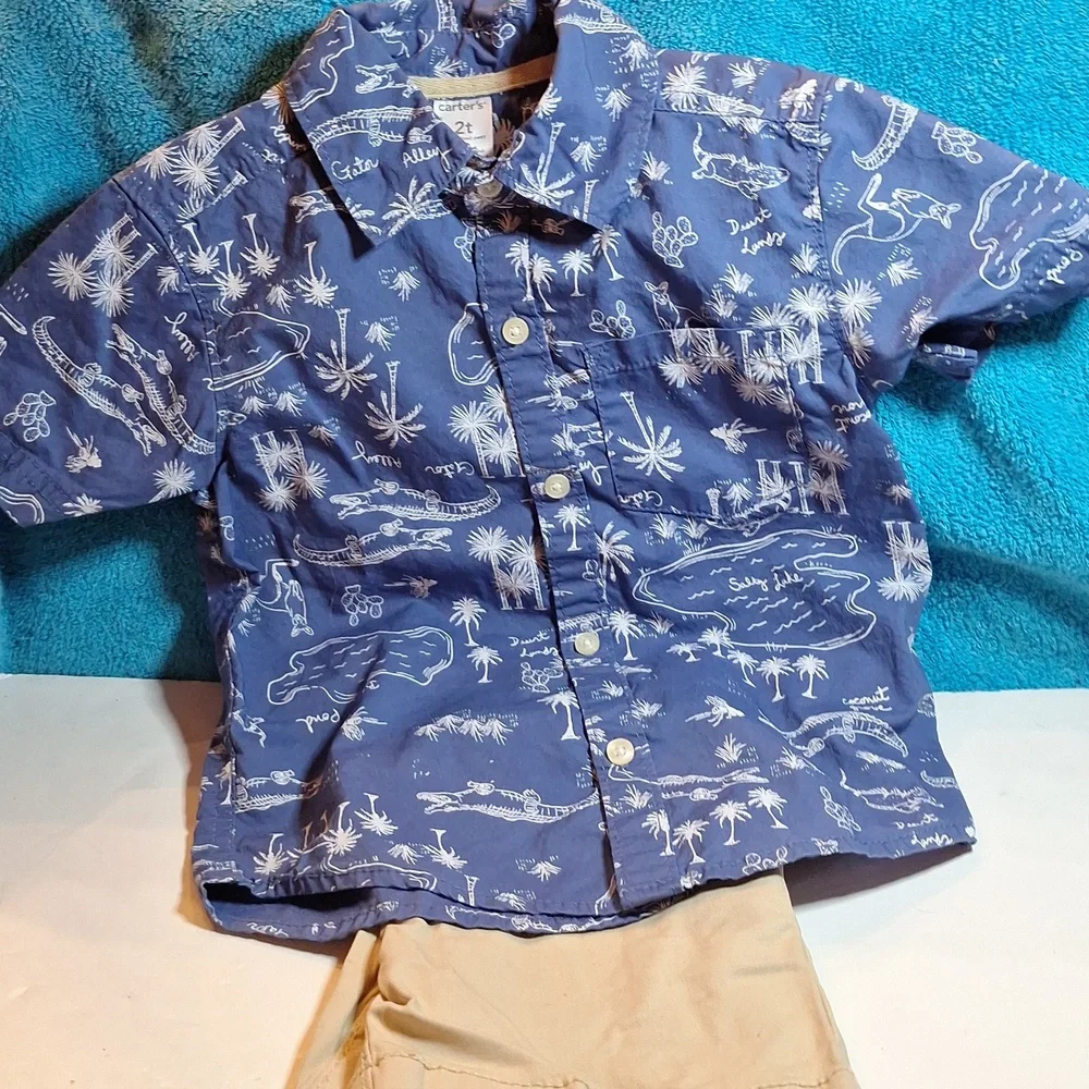 2T Carters Boy Outfit, Beach, Tropical, Summer, Short Sleeve and Shorts - Picture 1 of 5